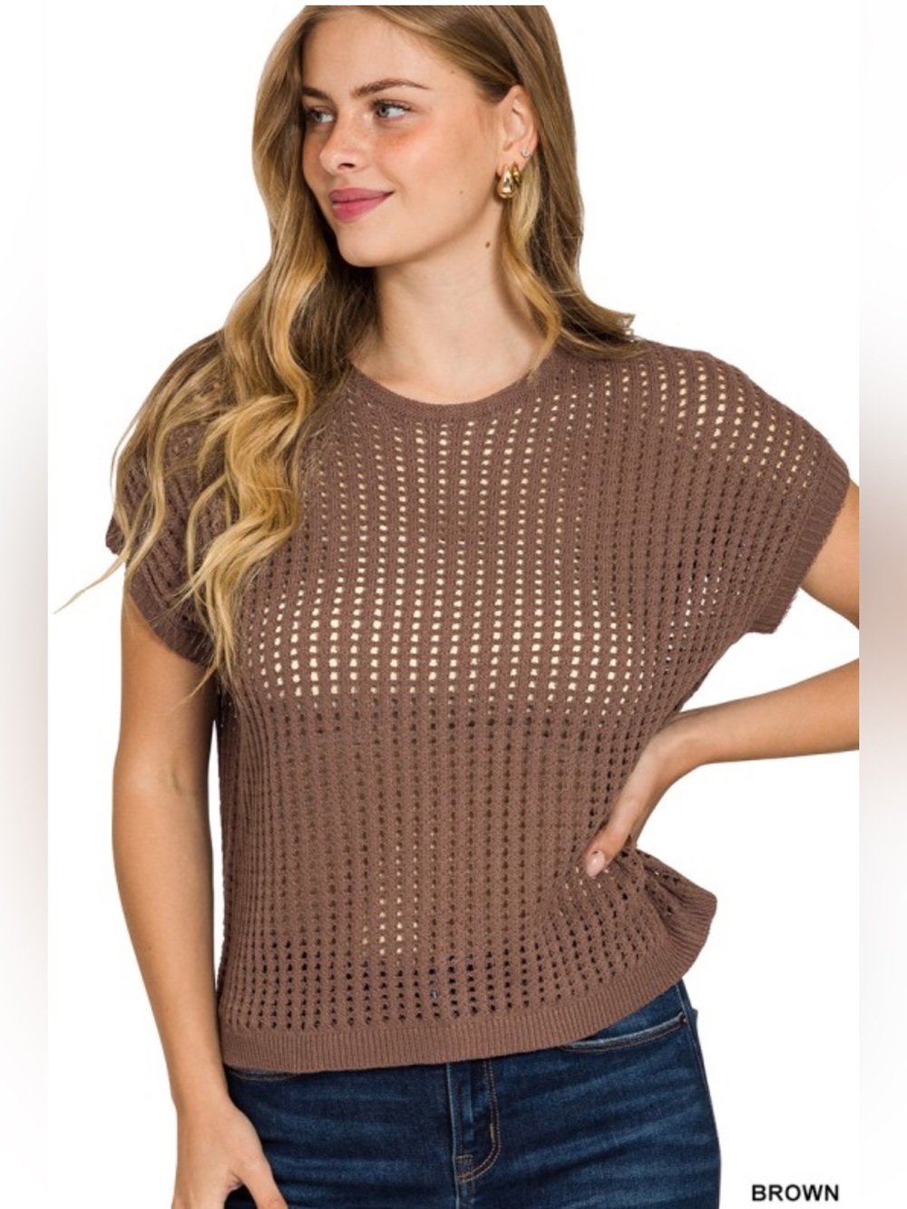 Zenana Chocolate Brown Viscose Open Crochet Knit Short Sleeve Top